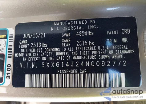 2022 Kia K5 Lxs from USA, damaged, VIN 5XXG14J24NG092772
